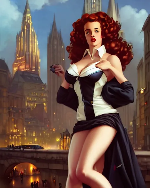 Image similar to pinup photo of hermione jean granger in the crowded square of the city, by greg rutkowski, artgerm, gil elvgren, enoch bolles, glossy skin, pearlescent, anime, very coherent, sao style anime, flat