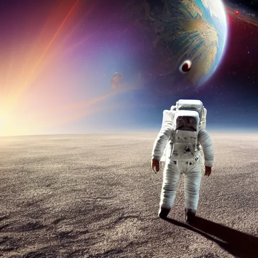 Image similar to universal consciousness, astronaut walking sideways on wall with a portal to another universe