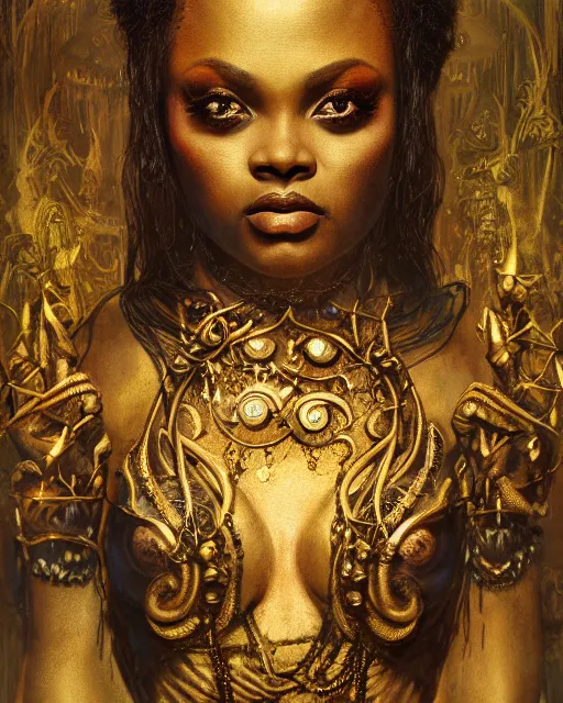 Prompt: concept art, jada fire, beautiful, frank frazetta, ornate, art nouveau, symmetrical, gold jewelry, high contrast, unbiased render, Emil melmoth, eerie, haunting, victorian, 8k, octane render, style of Gustav Klimt, head and shoulders