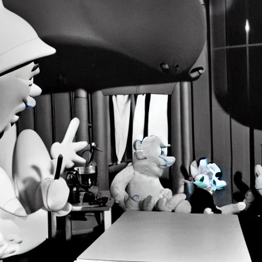 Image similar to color photo of robert oppenheimer debating with teletubbies