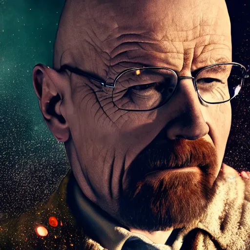 Image similar to morbidly obese walter white falling down a flight of stars in breaking bad 4 k, epic, cinematic, focus, movie still, fantasy, serious, extreme detail, atmospheric, dark colour, sharp focus