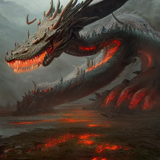 Image similar to a giant dragon in a chaotic hell world, au naturel, hyper detailed, digital art, trending in artstation, cinematic lighting, studio quality, smooth render, unreal engine 5 rendered, octane rendered, art style by klimt and nixeu and ian sprigger and wlop and krenz cushart, dragons,