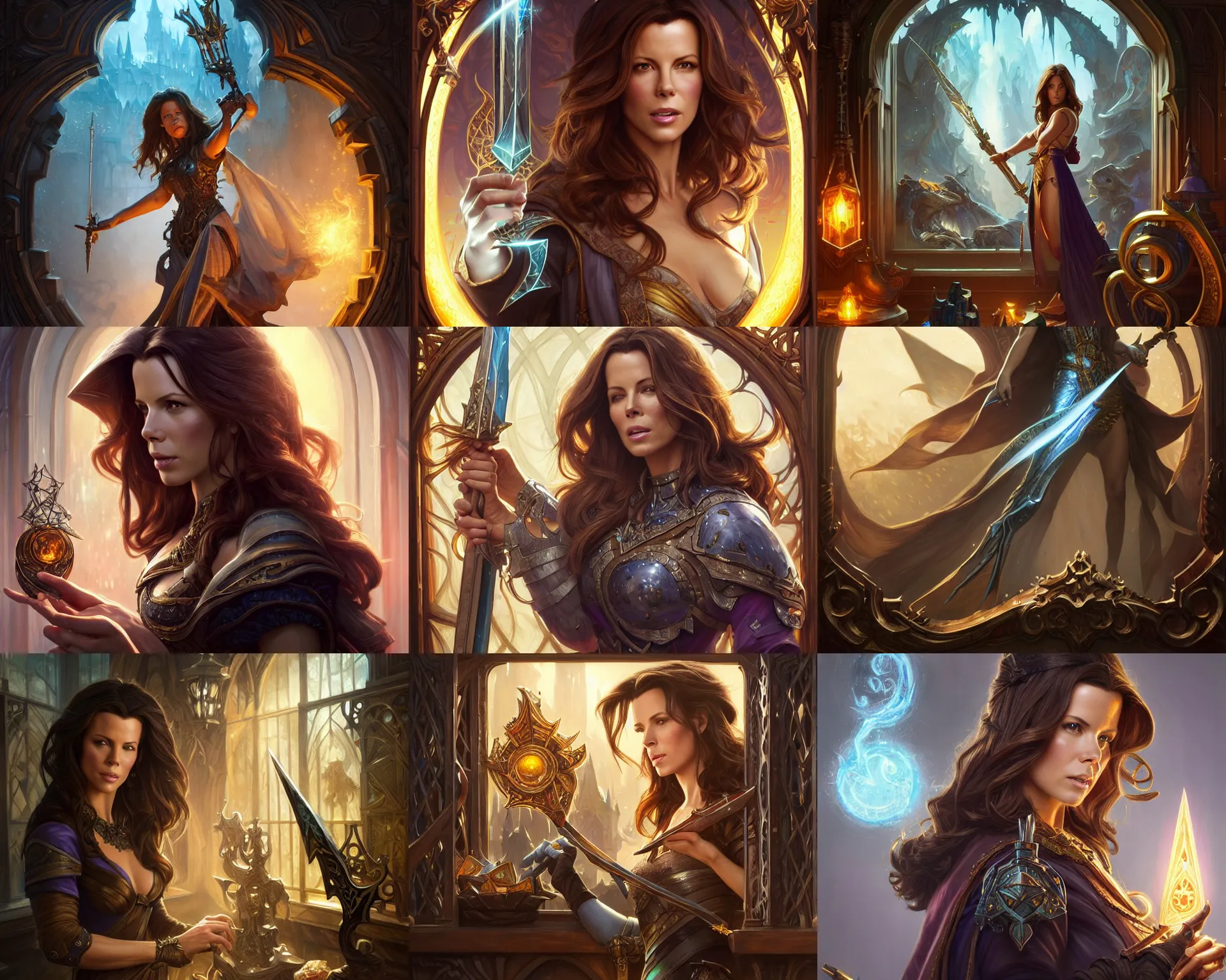 Prompt: shop window for magical weapons, close up kate beckinsale as shopkeeper, magic sword, deep focus, d & d, fantasy, intricate, elegant, highly detailed, digital painting, artstation, concept art, matte, sharp focus, illustration, hearthstone, art by artgerm and greg rutkowski and alphonse mucha