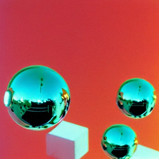 Prompt: chrome spheres on a red cube, eastman color negative photograph