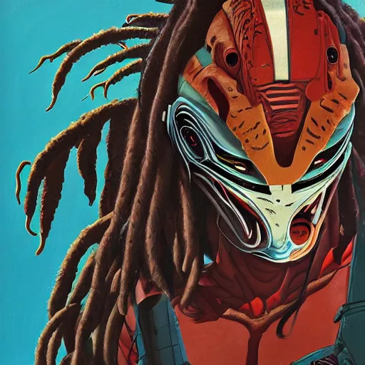 Prompt: painting of an alien with dreadlocks and high tech armor, The Predator, Yautja, by Tomer Hanuka, hyperdetailed