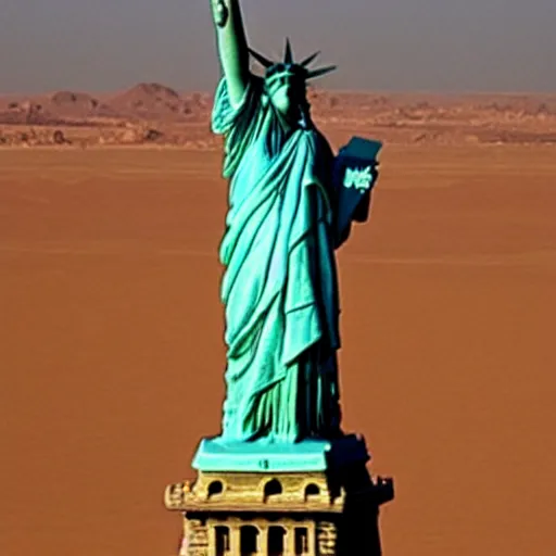 Image similar to statue liberty in the Sahara Desert
