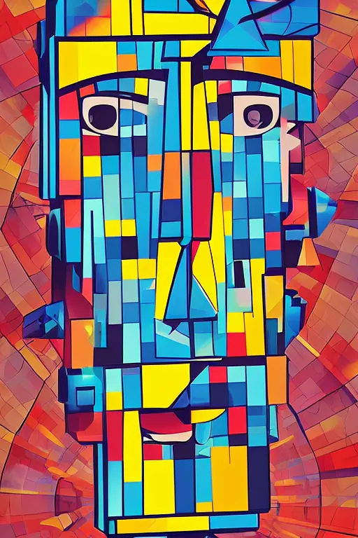 Image similar to cubist moai statue cutout digital illustration cartoon colorful beeple