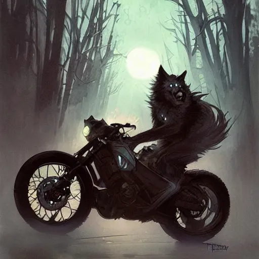 Image similar to werewolf riding motorcycle along a dark street in the woods, concept art, smooth, sharp focus, illustration, art by artgerm and greg rutkowski and alphonse mucha