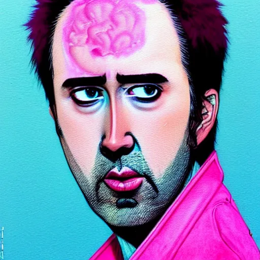 Image similar to prompt : pink nicolas cage portrait soft light painted by james jean and katsuhiro otomo and erik jones, inspired by evangeleon anime, smooth face feature, intricate oil painting, high detail illustration, sharp high detail, manga and anime 1 9 9 9