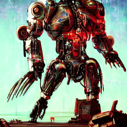 Image similar to cyborg robot tiger, huge jaws and exposed wiring, camera lens eyes, cyberpunk 2 0 7 7 and beksinski style painting