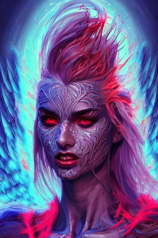 Image similar to hyper detailed ultra sharp of a beautiful azazello is one of the demonic and mystical characters in the work, a negative character in biblical stories, a fallen angel who opposed the will of god. various reference for artists, facial expressions, trending on artstation, neon colors, hyper detailed, digital art, cinematic lighting, concept art by artgerm, 8 k