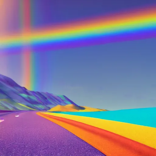 Image similar to Rainbow Road, the image is like beautiful dream, 4k post-processing highly detailed, art station, unreal engine + cinematography by Wes Anderson, Wide angle shot, futuristic, volumetric light, Fuji film, intricate detail, hyperreal, hyperrealistic, 4K, Octane render, unreal engine cinematic, sublime atmosphere,