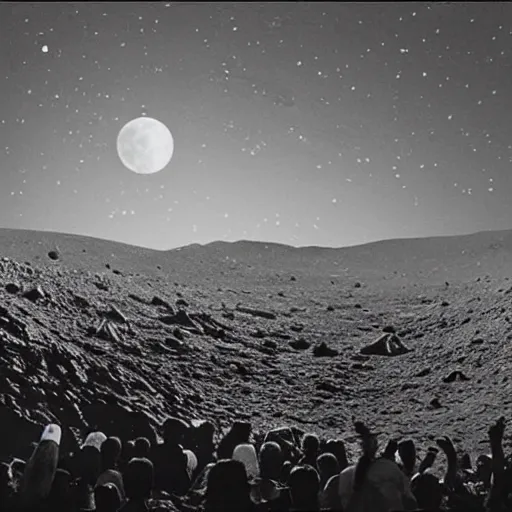 Prompt: lunar landscape in which a massive rock concert, cinematographic lighting is being held 1 2 3 4 5 6