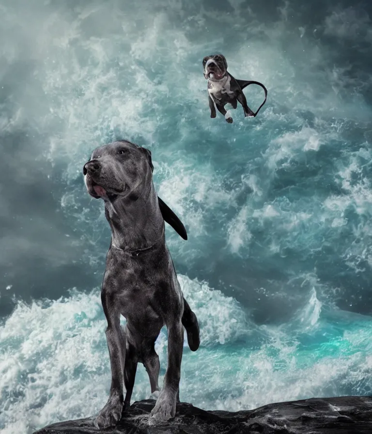 Prompt: photo of a dark gray coat pit bull with a white paws!, surfing on a surfboard in a crashing wave of alien ocean in space, background is an alien galaxy, matte, aliens in the background, alien colors, octane render, unreal engine, wide view, 8 k, high detaild