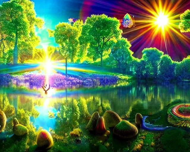 Prompt: psychedlic realistic 16k footage of a utopian future serene beautiful landscape photography of the garden of eden. lake reflections in the foreground, fruit tree's and animals everywhere. sun rays shining through the trees. lens flare. sunset, dramatic lighting by Marc Adamus gyuri lohmuller Ivan Shishkin. lsd trip. mushroom vision.