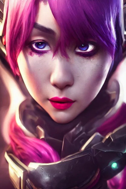 Image similar to ultra realistic facial portrait of vi from league of legends, digital art, character portrait, highly detailed, trending on artstation, lens flare, atmosphere, hyper realistic, cinematic lightning, sharp focus, unreal engine 5, extreme details perfect face, pretty face, fine - face, illustration, 8 k, ultra texture, masterpiece