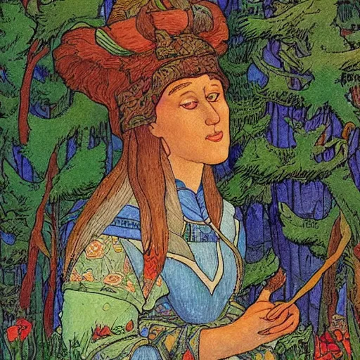 Image similar to a portrait of a character in a scenic environment by ivan bilibin