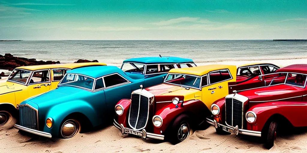 Prompt: vintage cars on a beach