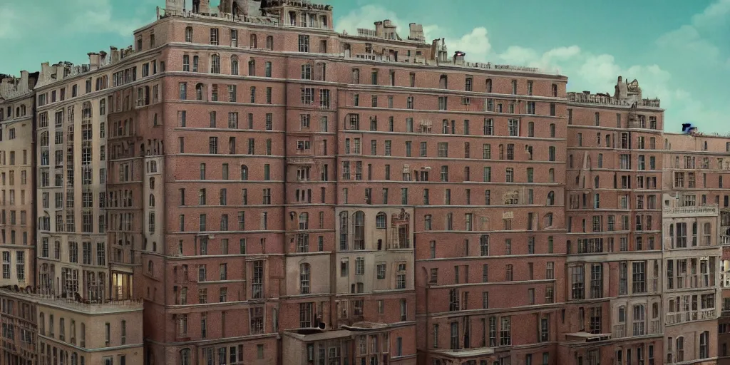 Image similar to a very high resolution image from a new movie, upside - down building, windows, beautiful scenery, photorealistic, photography, directed by wes anderson