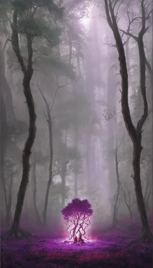 Image similar to Hyper realistic oil painting of a future sci-fi ancient god on the middle of a forest with a lot of purple trees holding a portal that's about to explode, fog, volumetric lighting, nighttime, moonlight, by Greg Rutkowski and Diego Velázquez