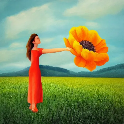 Image similar to huge flower as head, woman standing in a field, surreal, flat light, painting, digital painting, artstation, georgia o'keeffe