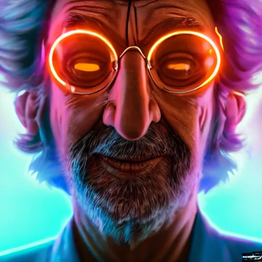 Image similar to portrait of old rick sanchez, lab coat and tee shirt, lens flare, atmosphere, glow, detailed, intricate, full of colour, cinematic lighting, 4 k, hyperrealistic, focused, extreme details, cinematic, masterpiece