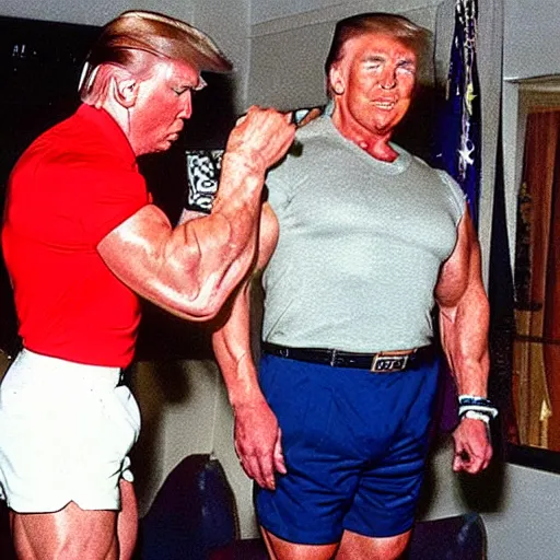 Prompt: trump pumping iron with Arnold wearing short shorts