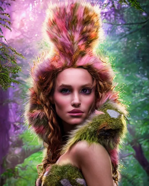 Image similar to portrait high definition photograph pretty woman fantasy character art, hyper realistic, pretty face, hyperrealism, iridescence water elemental, snake skin armor forest dryad, pink furry foliage, 8 k dop dof hdr fantasy character art, by aleski briclot and alexander'hollllow'fedosav and laura zalenga