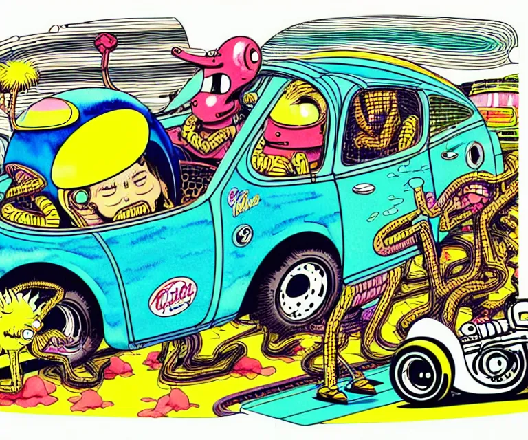 Prompt: cute and funny, tame impala, wearing a helmet, driving a hotrod, oversized enginee, ratfink style by ed roth, centered award winning watercolor pen illustration, isometric illustration by chihiro iwasaki, the artwork of r. crumb and his cheap suit, cult - classic - comic,