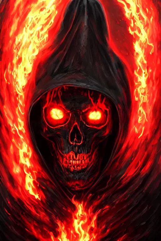 Prompt: A full body portrait of a mysterious character with a flaming skull with a very long hooded blood red and black cloak, tentacles coming out the ground art by James Paick, and Shaddy Safadi, ominous, cosmic horror, trending on artstation, Ultra detailed, hyper realistic 4k