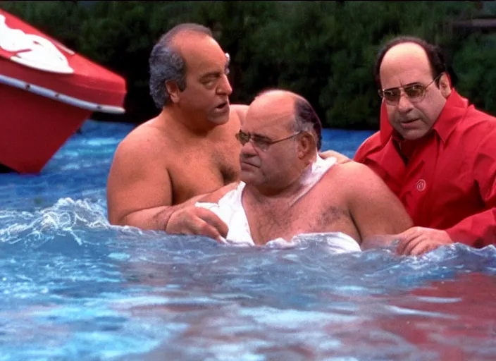 Image similar to film still of george costanza being rescued by a lifeguard in the new seinfeld episode, 4 k