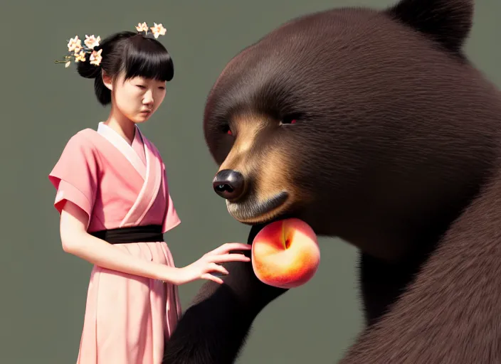 Image similar to a girl wearing a kimono giving a peach to a large anthropomorphic asian black bear, featured in artstation, artgerm, octane render, award winning, cinematic, elegant, intricate, 8 k, in the style of heikala and timothy kong and laia lopez and viorie,