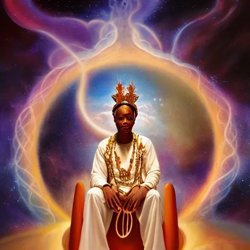 Prompt: obatala the cosmic god sitting on a throne of nebula clouds, by Adi granov and thomas blackshear and afarin sajedi, matte painting, orisha, 8k, hd