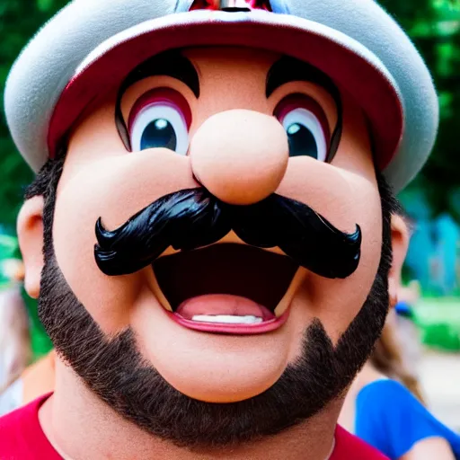 Image similar to photo of real life mario finding a giant mushroom, exhilarated, portrait, closeup. mouth open, 30mm, bokeh