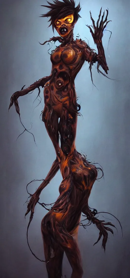 Image similar to dark full body painting of tracer from overwatch, in style of zdzisław beksinski, scary, horror, 4 k, feminine facial features, overwatch tracer character, horror, body horror, disturbing, detailed face, dressed in dark garment, black tendrils, tall, long legs,