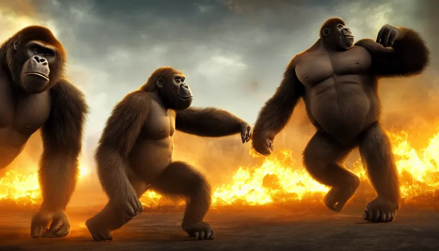 Prompt: concept art of hard combat of two huge gorilla in burning tokyo city, cinematic composition, golden lighting, action scene, strong perspective