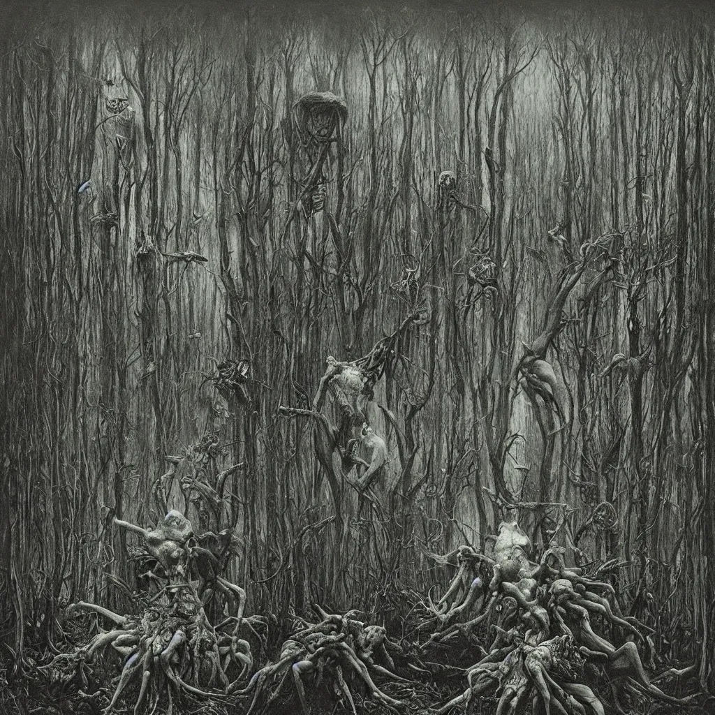 Image similar to a dark forest infested with vile, disgusting, horrible, contorted, insectoid, repugnant, evil, nauseating, vomit, grimy, demonic, insects, style of zdislaw beksinski