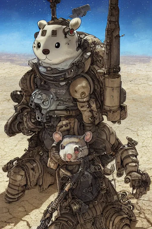 Image similar to anthropomorphic rodent with white and black ancestral ornate japanese tactical gear on an abandonment desert planet, high intricate details, long shot, rule of thirds, golden ratio, graphic novel by fiona staples and dustin nguyen, by beaststars and orange, peter elson, alan bean, studio ghibli, makoto shinkai