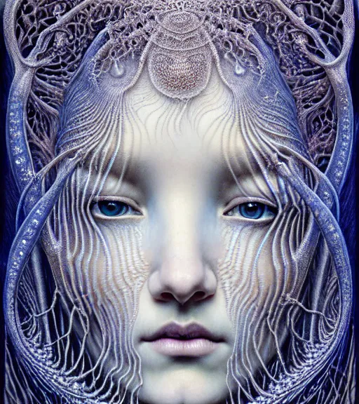 Prompt: detailed realistic beautiful ice goddess face portrait by jean delville, gustave dore, iris van herpen and marco mazzoni, art forms of nature by ernst haeckel, art nouveau, symbolist, visionary, gothic, neo - gothic, pre - raphaelite, fractal lace, intricate alien botanicals, ai biodiversity, surreality, hyperdetailed ultrasharp octane render