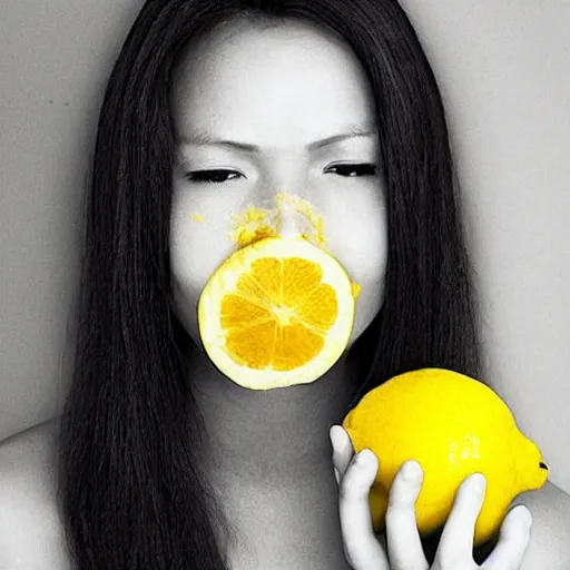 Prompt: “ a woman face skinned of lemon skin”