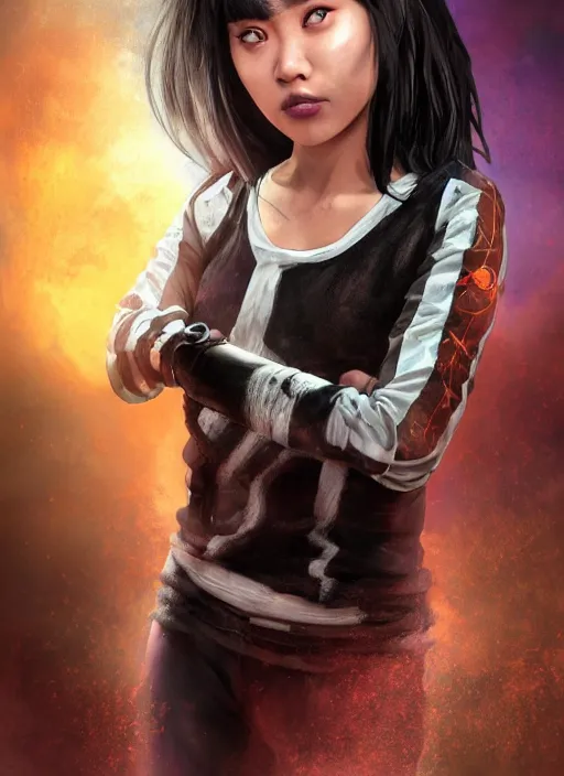 Image similar to An epic fantasy comic book style portrait painting of a young Malaysian Asian woman, expressive, dark piercing eyes, tomboy, pug-faced, pouting, tan skin, beautiful futuristic hairstyle, black and white striped tank top with long sleeves, bare midriff, unreal 5, DAZ, hyperrealistic, octane render, cosplay, RPG portrait, dynamic lighting