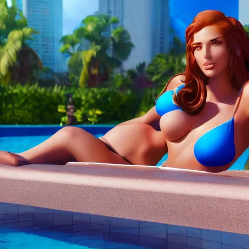 Image similar to pool party Caitlyn catching the Californian sun (League of Legends). 3d render, octane render, iRay, ray tracing, realistic, highly detailed, trending on artstation, 4k, cgsociety, unreal engine 5, redshift render, blender cycles, behance, cg