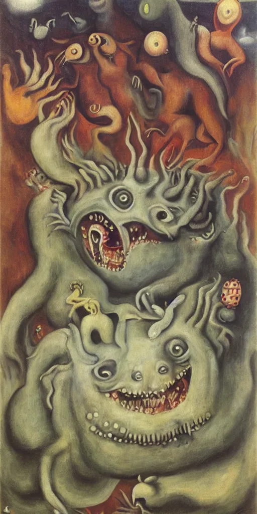 Image similar to the ferocious beast known as the Tarasque, 8k, surreal oil painting by Leonora Carrington