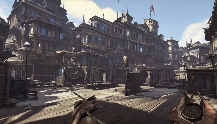 Image similar to first person view of a town square in the game dishonored, fantasy