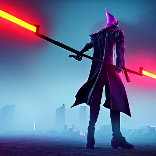 Image similar to hyper realistic neon grimm reaper holding a scythe, photorealistic cinematic render, octane render, cyberpunk graveyard with fog atmosphere