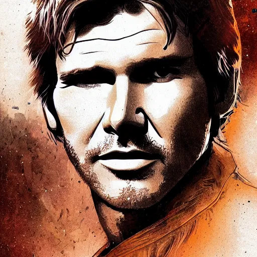 Image similar to portrait of harrison ford as han solo, fantasy, intricate, elegant, digital painting, trending on artstation, concept art, sharp focus, illustration by russ mills, 4k.