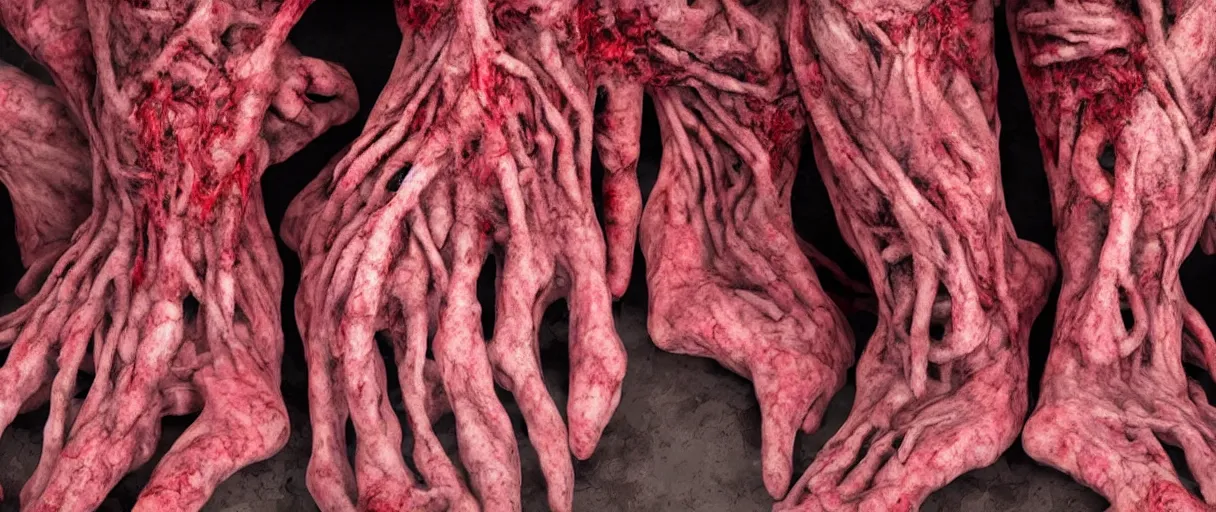 Image similar to human body entirely made up of feet, horror, scary, dark, nightmare, detail, high detail, red colors