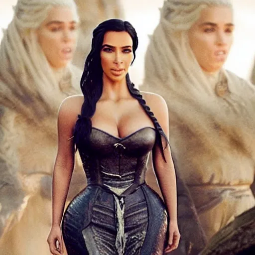 Prompt: A still of Kim Kardashian as Daenerys Targaryen