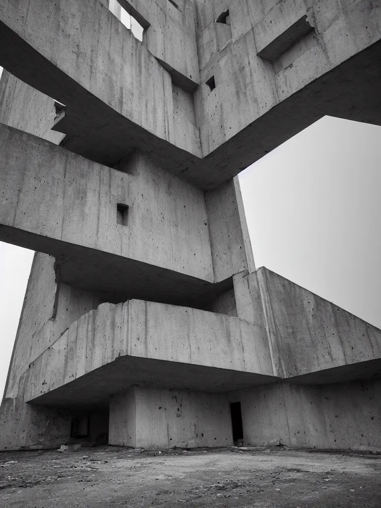 Image similar to High resolution black and white photograph with a 22mm F/12.0 lens of a Brutalist architectural building in Albania in the 1970s in the middle of a deserted nowhere while foggy and cloudy.