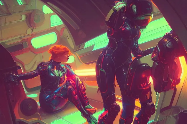Prompt: Exhausted good looking young women wearing neon colored armour suits in a space station, elegant, intricate, retrofuturistic digital painting, artstation, concept art, smooth, sharp focus, illustration, art by artgerm and greg rutkowski and alphonse mucha
